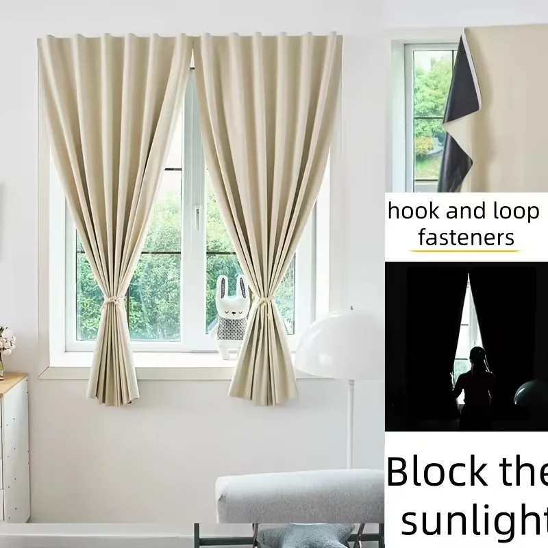 1pc 100% Blackout Self-Adhesive Hook-And-Loop Curtains, Sun-Shading & Heat-Insulating Curtains For Windows Without Drilling
