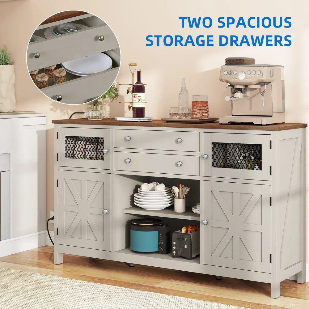 ファームハウスコーヒーバーキャビネット 59インチ サイドボードビュッフェ 引き出し2個 ドア4個 素朴な収納ユニット キッチン リビングルーム