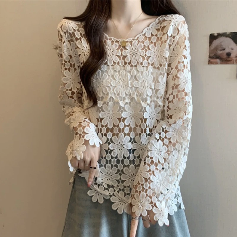 

Вязаный крючком топ в стиле бохо с длинными рукавами для женщин, пуловер с открытой строчкой и цветочным принтом, свитер, блузка, весна-лето, пляжный наряд для отдыха