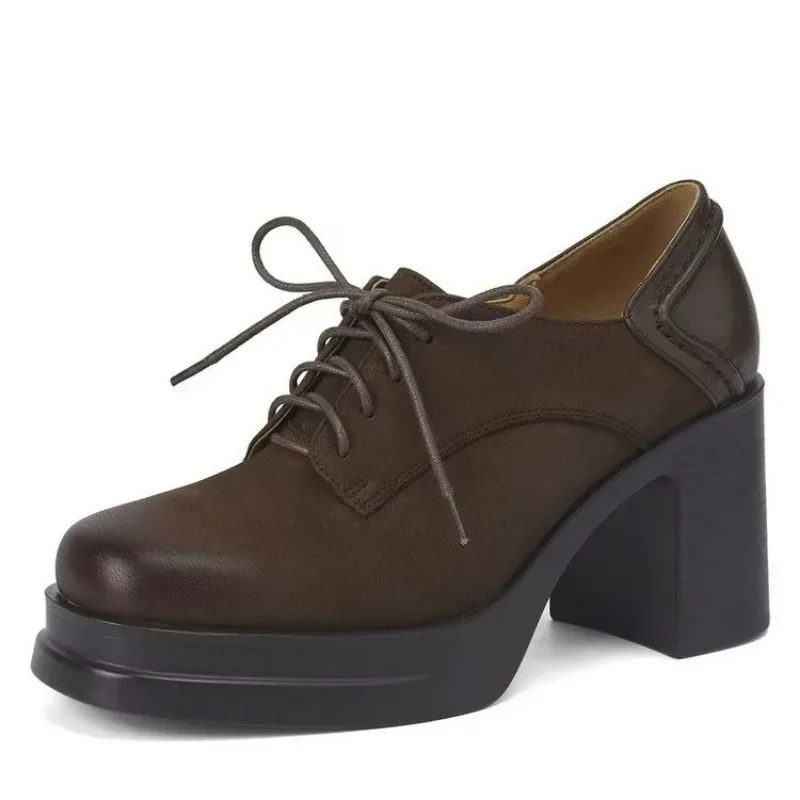 Mocassini con plateau da donna Tacchi alti autunnali Scarpe robuste alla moda Nuove scarpe da donna in pelle Chelsea con lacci Scarpe da ufficio