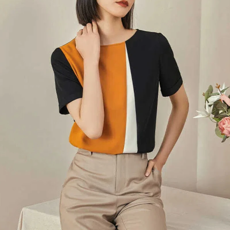 Summer New Fashion Commute Women\'s Round Neck Spliced Contrast Color Thin Shirts Loose All-match Short Sleeve Pullover Blouses