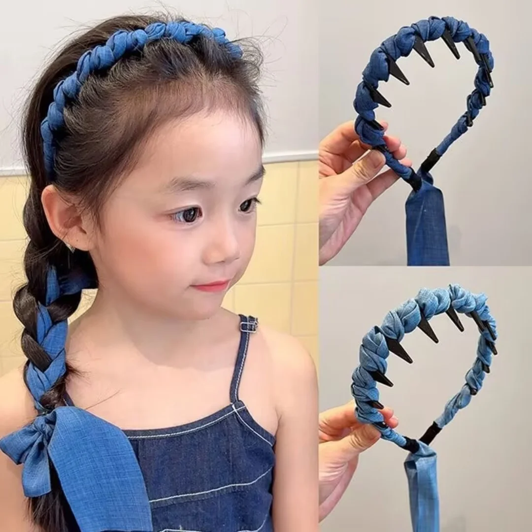 

Knotted Print Denim Cloth Headband for Kids Girls Shopping Face Wash Hair Hoop Simple Denim Headpiece