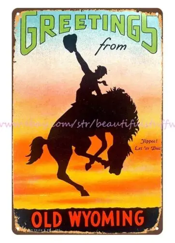 wall art wallpaper 1958 Wyoming Laramie Cowboy Bronco Bucking metal tin sign