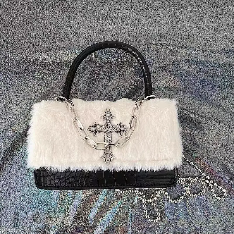 

Y2K Gothic Plush Cross Bag 2025 - Unisex Soft Shoulder Purse, Edgy Mini Tote with Chain Strap