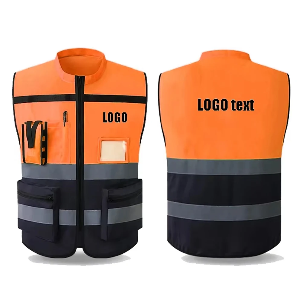 Benutzerdefinierte Logo-Sicherheitswesten mit Taschen und Reißverschluss, Arbeitskleidung für den Bau, gut sichtbare Sicherheitskleidung