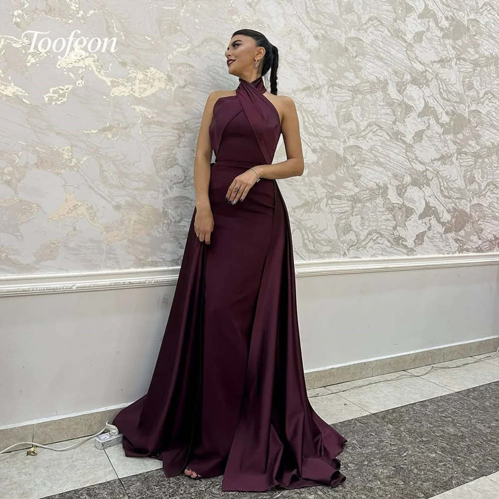 

Toofgon Red Evening Dresses Halter Mermaid Prom Dress Saudi Dubai Long Train Dress Women Elegant Party Customized
