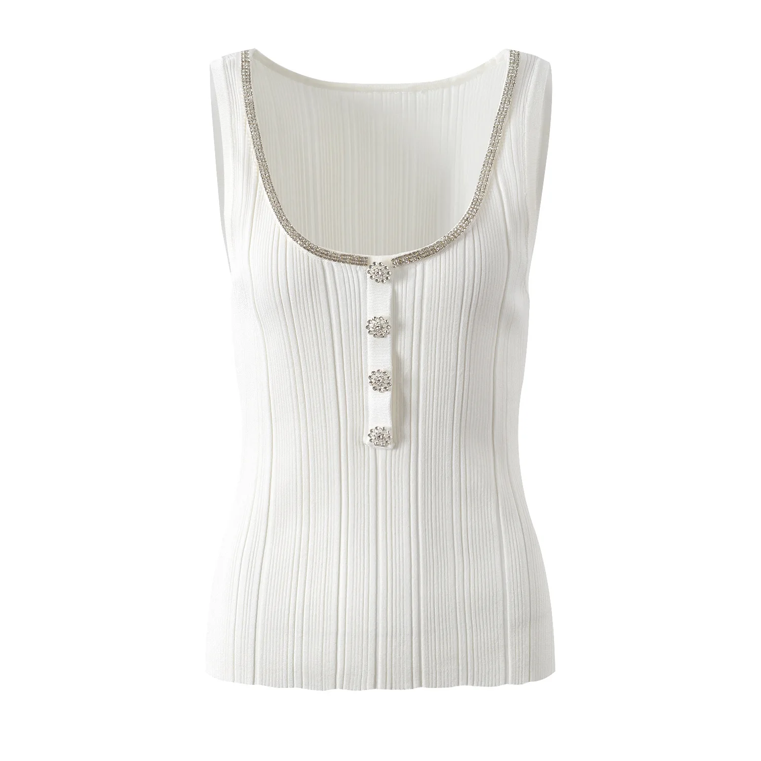 Chaleco de seda helada de alta gama para verano, corte ajustado, con cuello decorado con diamantes, prenda exterior versátil para el día a día, pieza única.