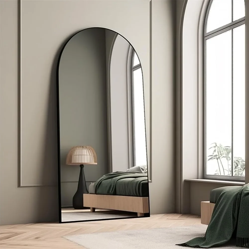 Łukowe lustro o pełnej długości z podstawką ramka ze stopu aluminium wielkie lustro podłogowych do salonu, pochylone na ścianie, czarne