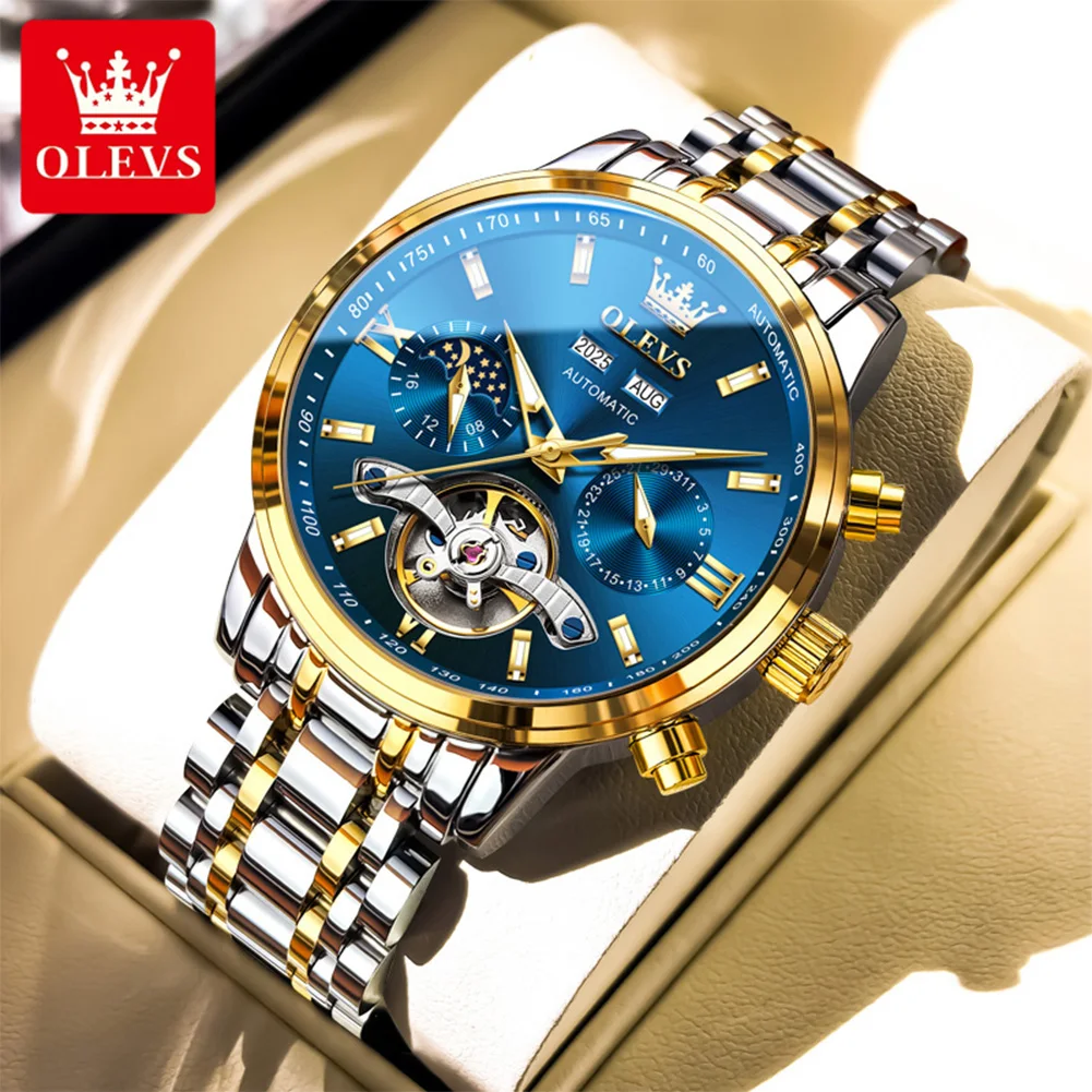 

OLEVS Men's Mechanical Automatic Watch Luxury Wristwatch Skeleton Dial Waterproof 42mm Case Gold Blue Wristwatch For Men 6740