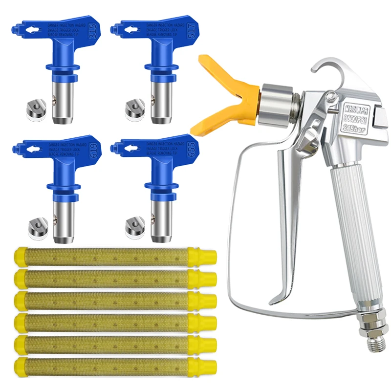 Airless Spray Gun High Pressure with 4 Tips and tip Guard,6 x Airless Paint Spray Gun Filter