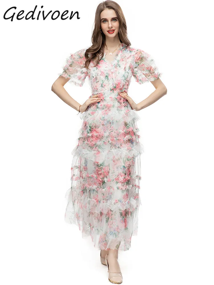 

Gedivoen Summer Fashion Runway Vintage Floral Print Dress Women V Neck Short Sleeve High Waist Cascading Ruffles Mesh Long Dress