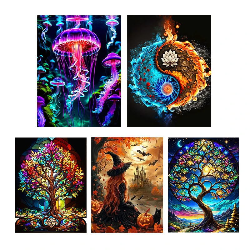 

5D DIY Diamond Painting Full Round Diamond Dandelion Colorful jellyfish, Tree of Life Landscape Wall Art, Handmade Gift