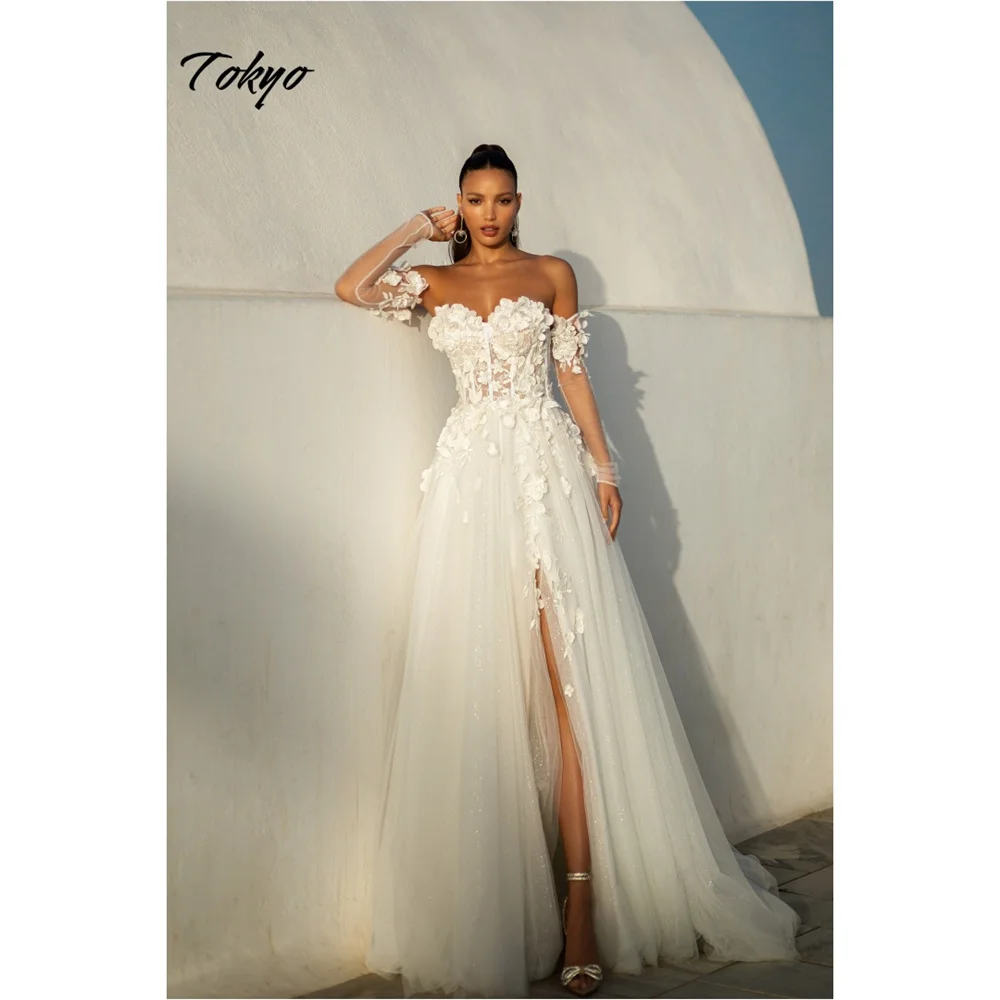 Tokyo Customized White Off the Shoulder Wedding Dress Long Sleeve Side High Split Bridal Gown Tulle Court Train Wedding Gown