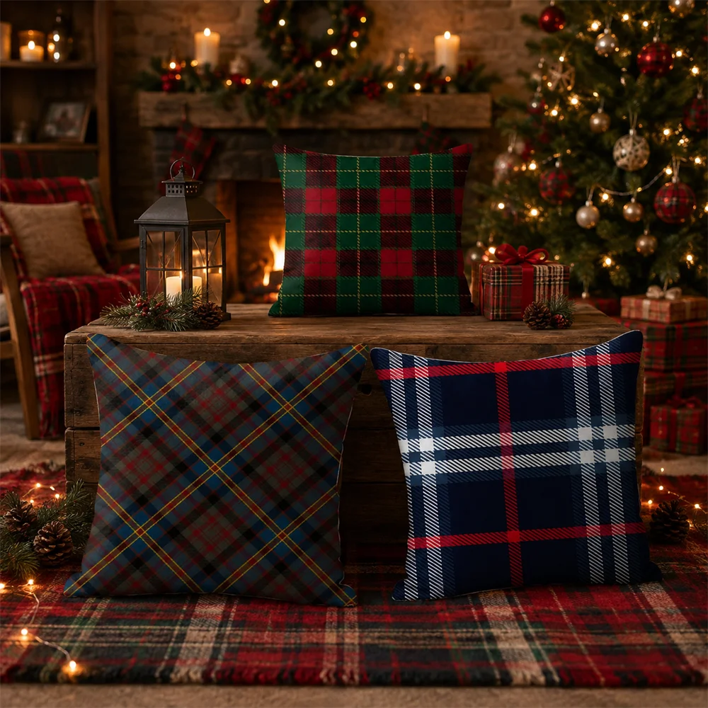 Christmas Plaid Cushion Cover Linen Pillow Case Organic Fabric Cushion Cover Double-Sided Print Sofa Home Decor