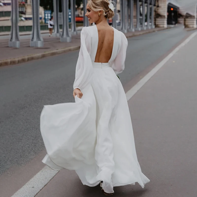 custom 13815# Simple Chiffon A-Line Wedding Dress 2022 Elegant High Neck Long Puff Sleeve  Backless Train Robe De Mariée