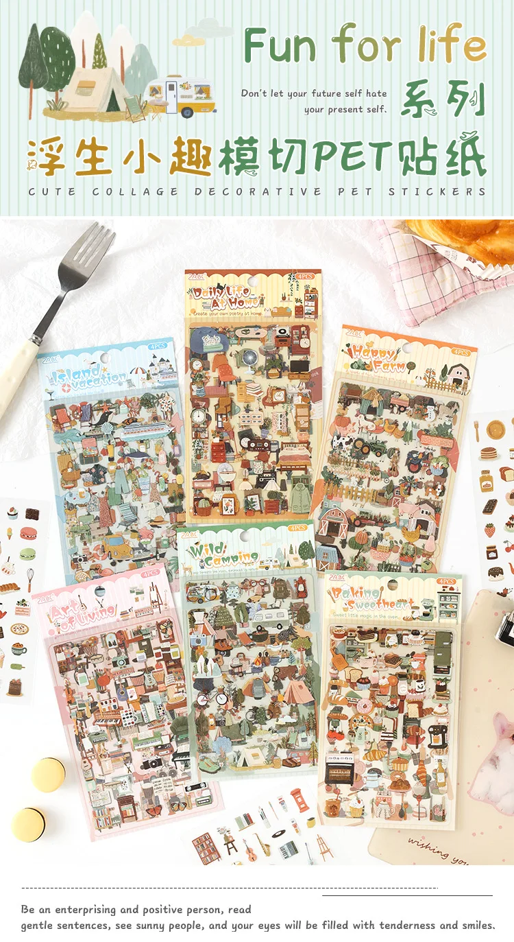 Wasserfeste PET-Aufkleber für Tagebücher, Lebensszenerie-Aufkleber für Kinder-DIY-Bastelarbeiten, Aufkleberbögen für Scrapbook-Planer-Dekoration – Detail 2