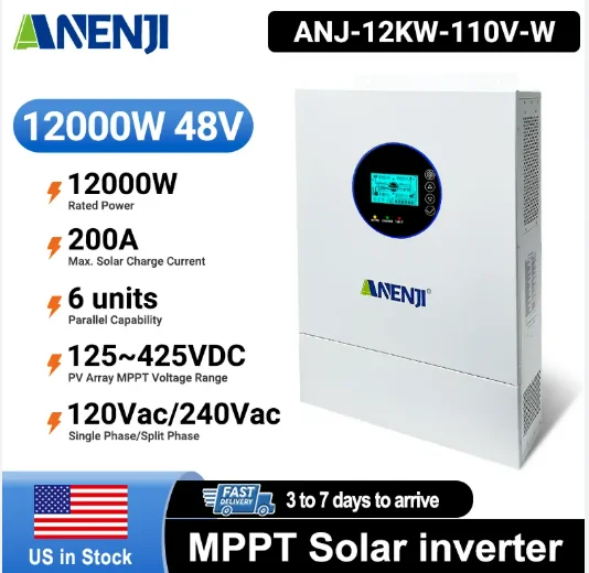 Anenji 12KW 48V Hybrid Solar Inverter Split Phase 120V/240V Dual MPPT Charger Parallel 6 units