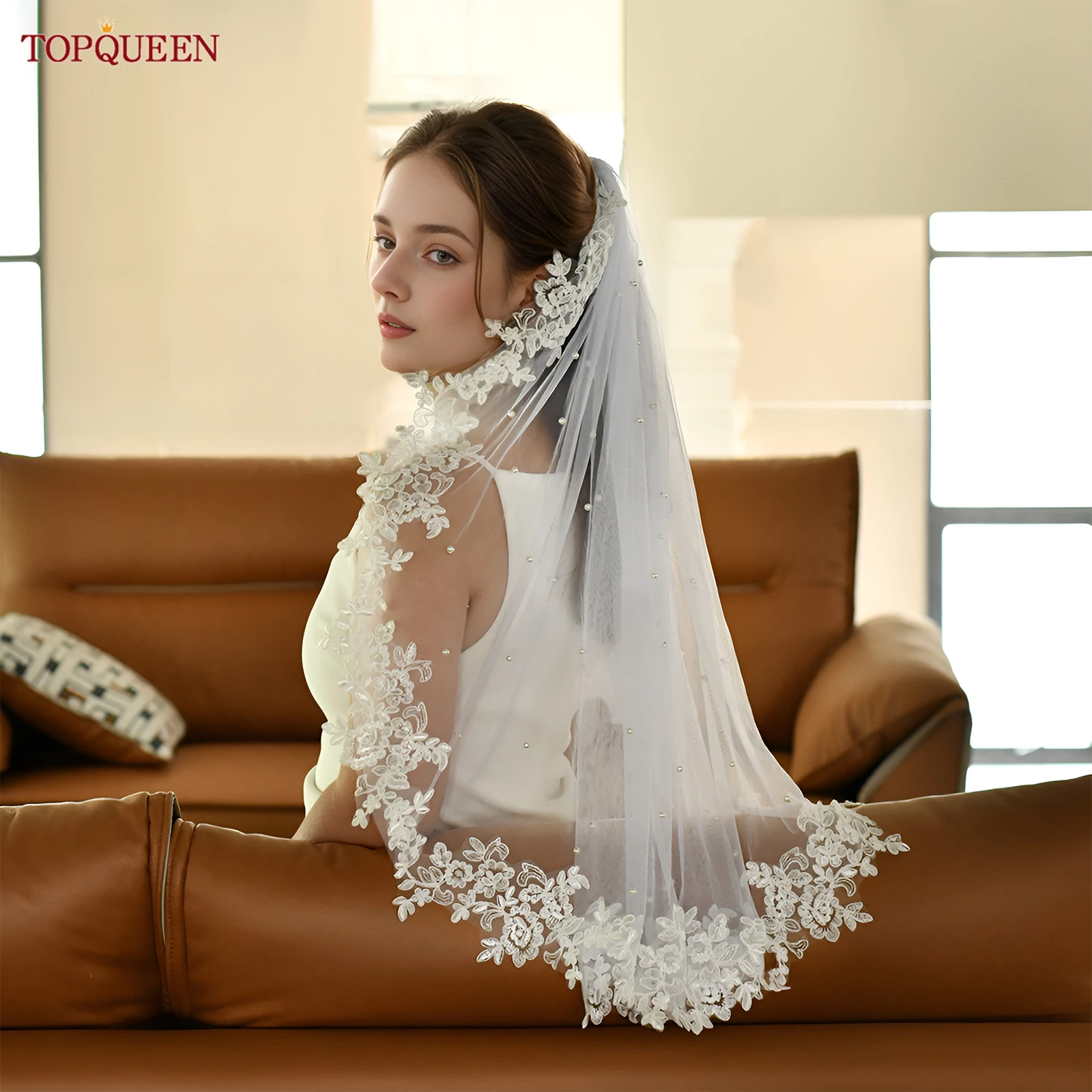 Ivory 2 Tiered Pearl Lace-Edged Appliqué Scalloped 35”L Comb Wedding Bridal Veil White Veil With Floral Pearl Embellished Comb – London De Sivar main image 2