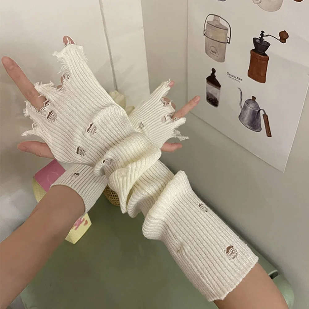 Arm Cover Elastic Subculture Gloves Punk Wrist Cuffs Y2K Fingerless Oversleeve Colorful Hollow out Ripped Knitted Sleeves JK