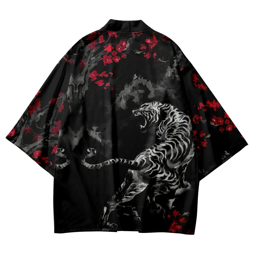 Black Kimono Cardigan Men Women Japanese Obi Male Yukata Boys Haori Anime Tiger Print Coat Japanese Traditional Clothing