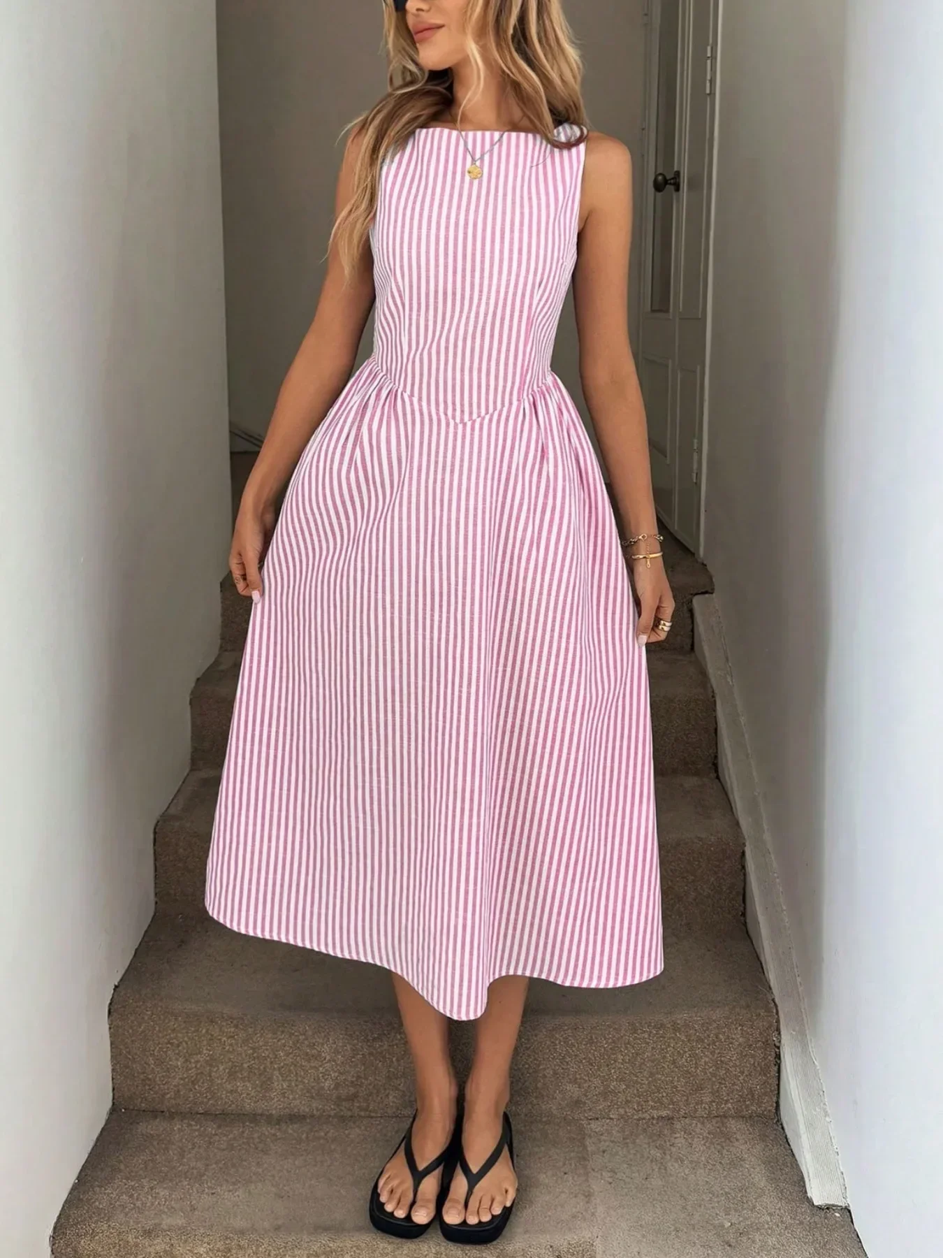 Neues Y2K Sommer-Urlaubskleid aus Leinen für Damen, ärmellos, vertikal gestreift, hohe Taille, A-Linie, Midi, lässiges Swing-Kleid mit Taschen – Detail 11