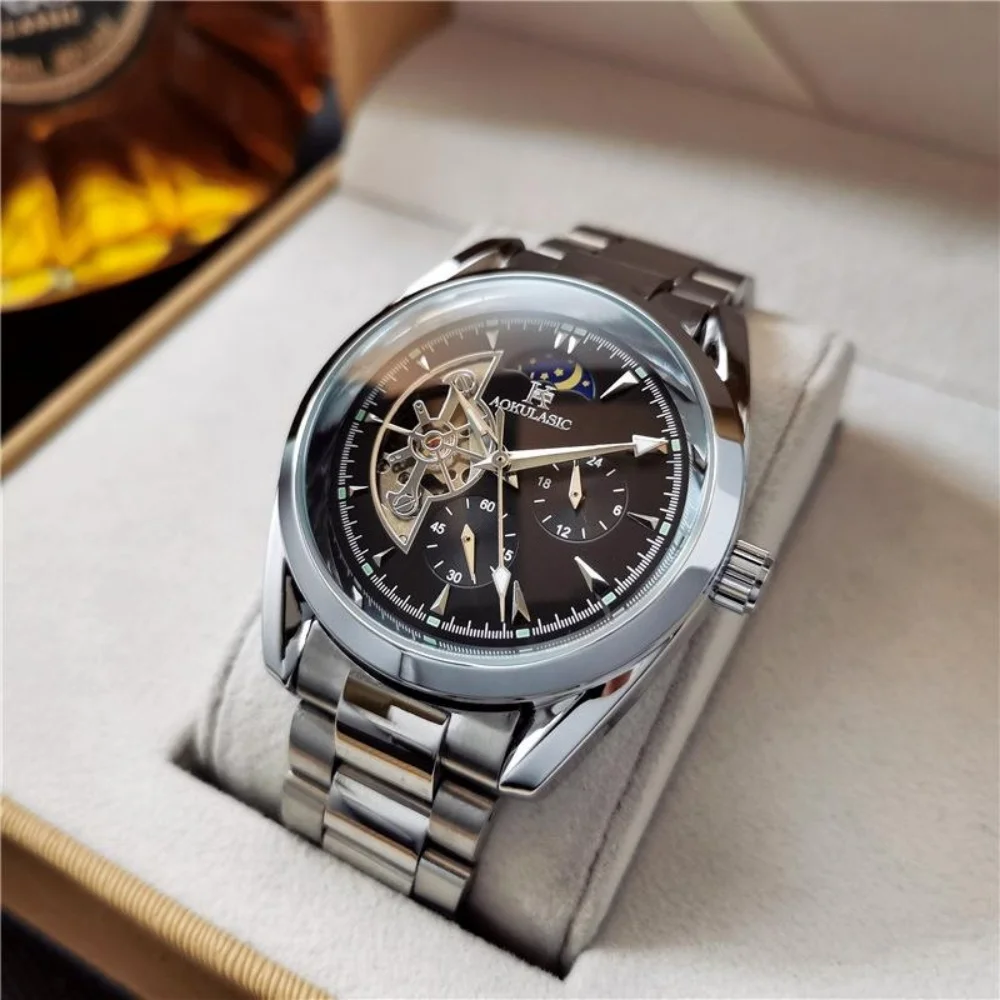 New Men's Watch, Luminous, Waterproof, Multi-Functional Automatic Mechanical Watch with Sun, Moon, and Stars, Men's Watch, Stainless Steel, Luxurious, Simple, Elegant, Men's Business Mechanical Watch
