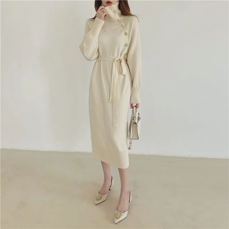 Coffee Chic Woolen Dress Women Turtleneck 2023 Winter Golden Button Long Sweater Dresses Autumn Lace-up Soft Knitwear Korean