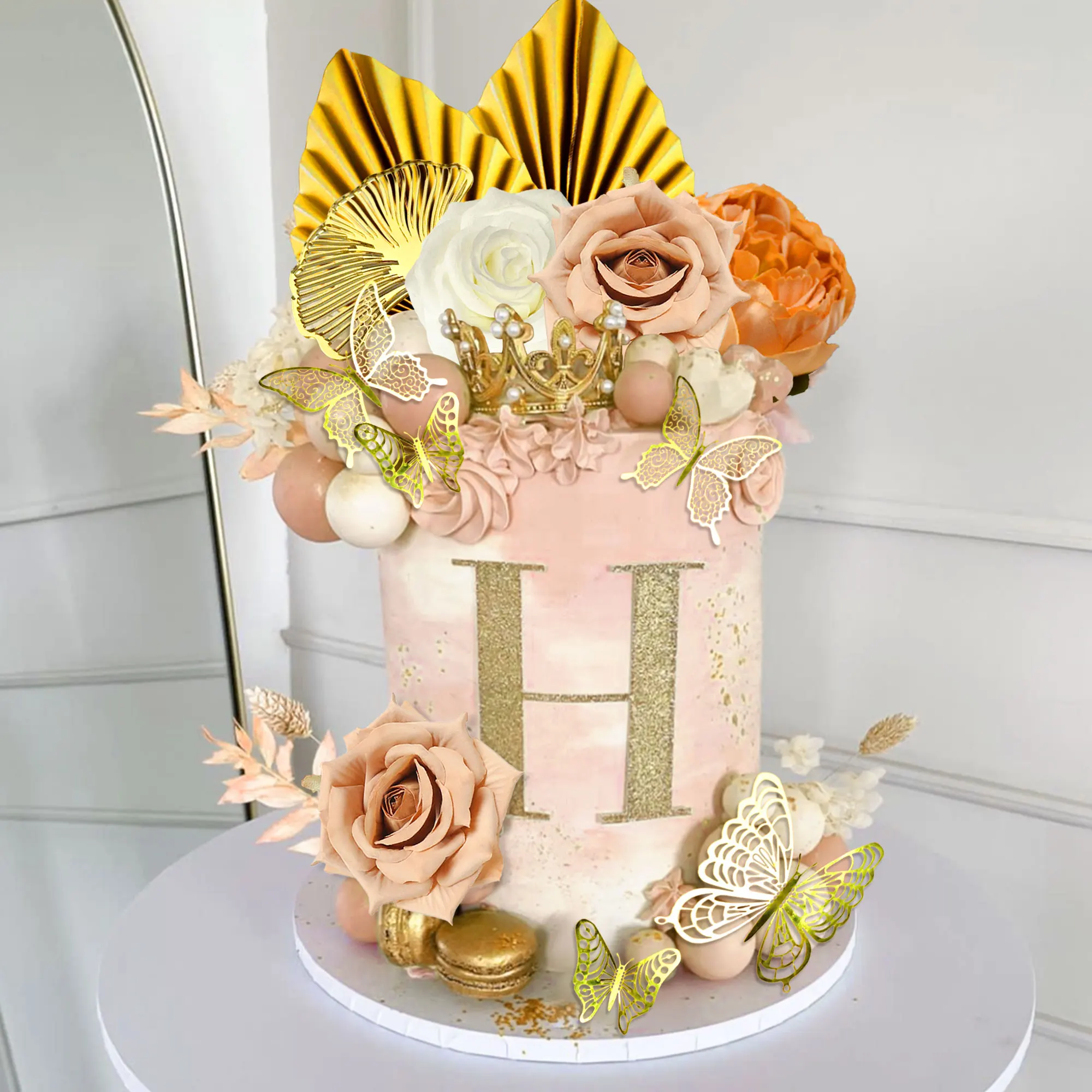 زينة كعكة زهرة لافينتي، زينة كعكة بيضاء وردية، أوراق النخيل، فراشة لمستلزمات الزفاف في عيد الحب #6