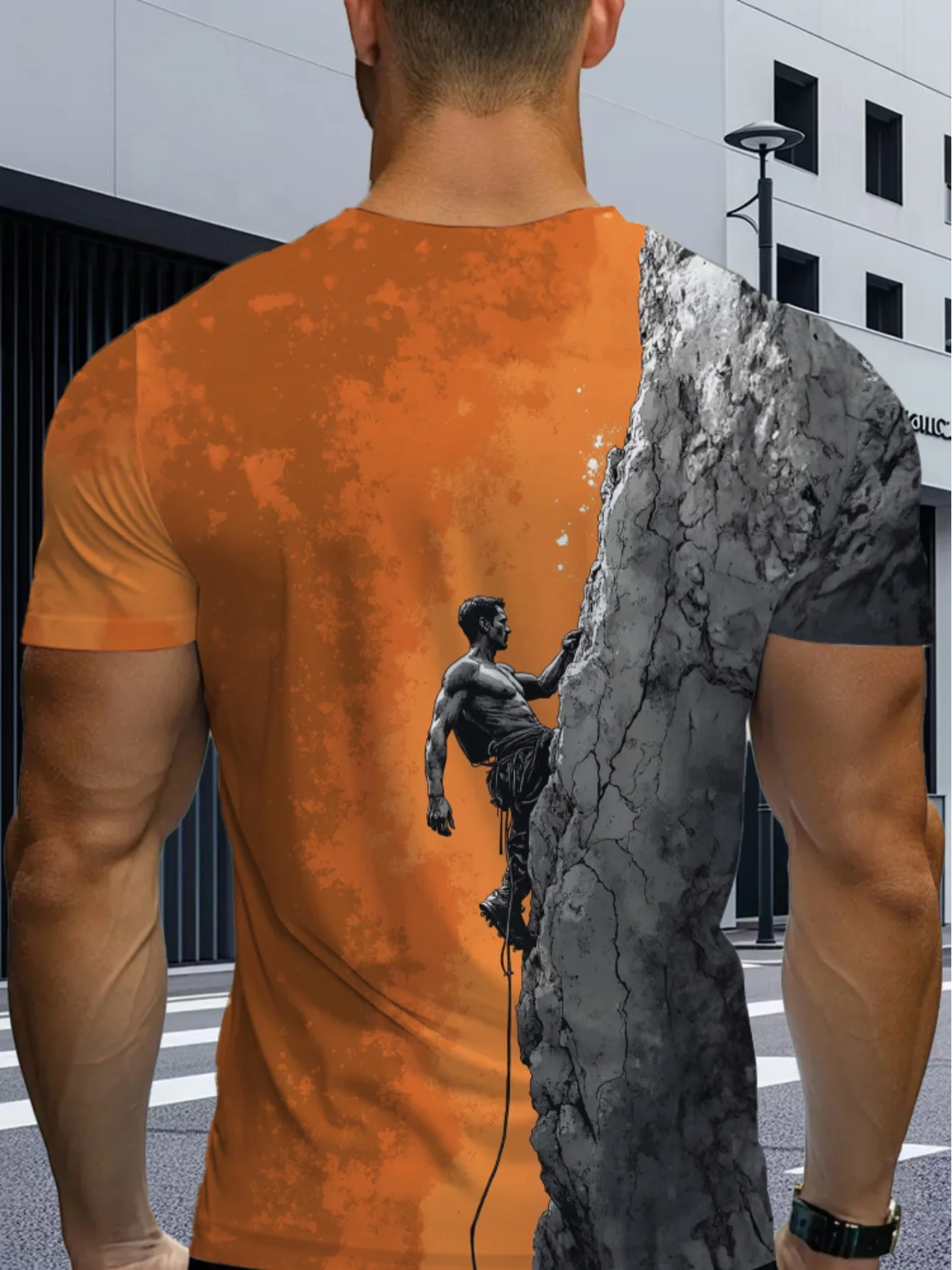 Men Rock Climber Cracked Cliff Split Orange Gradient Background Print Short Sleeve Crew Neck Casual T-shirt