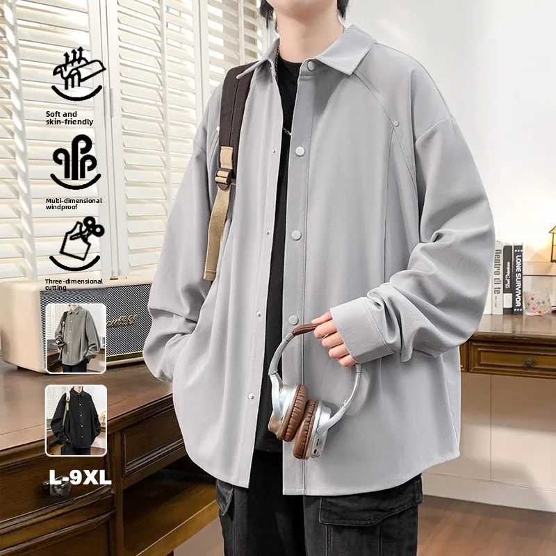 

L9XL New 2026 Large Size Long Sve Men's irt Hong Kong Sle Collar Trendy Pure Color Casual Polyester Fiber Youth Fat Cl...