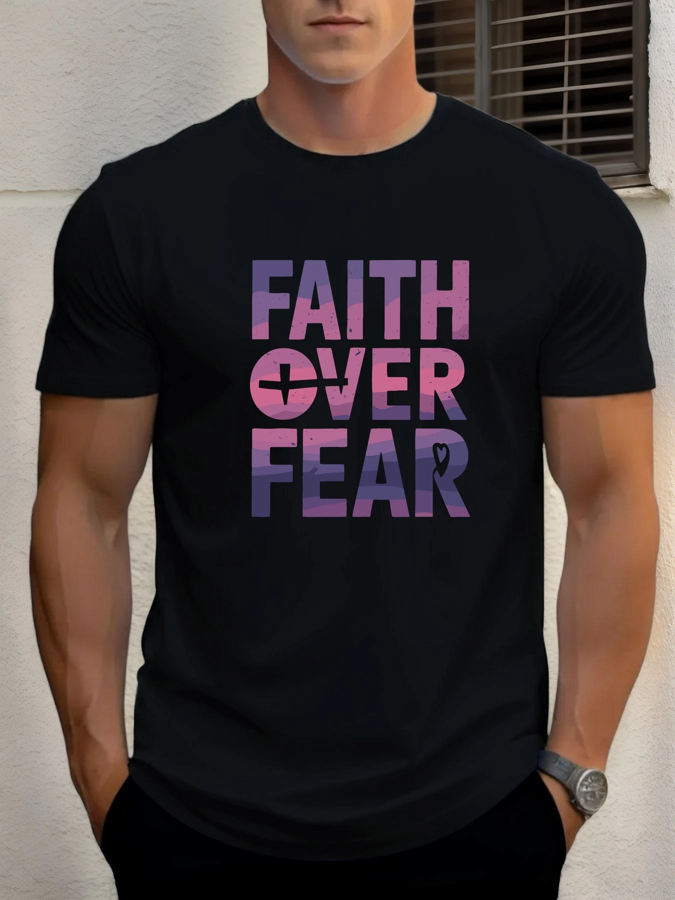 

Мужская хлопковая футболка, летняя круглая шея с короткими рукавами, FAITH OVER FEAR с принтом дышащей уличной одежды модная крутая футболка