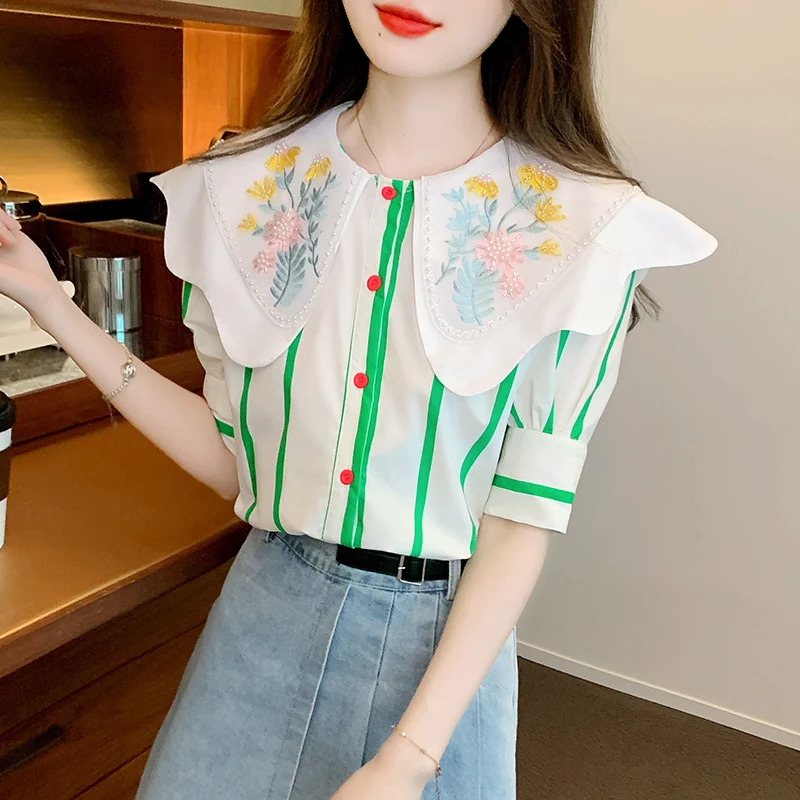 Summer Embroidered Stripes Chiffon Blouse Womens Loose Casual Vintage Basic Shirts Office Top Korean Popular Clothes