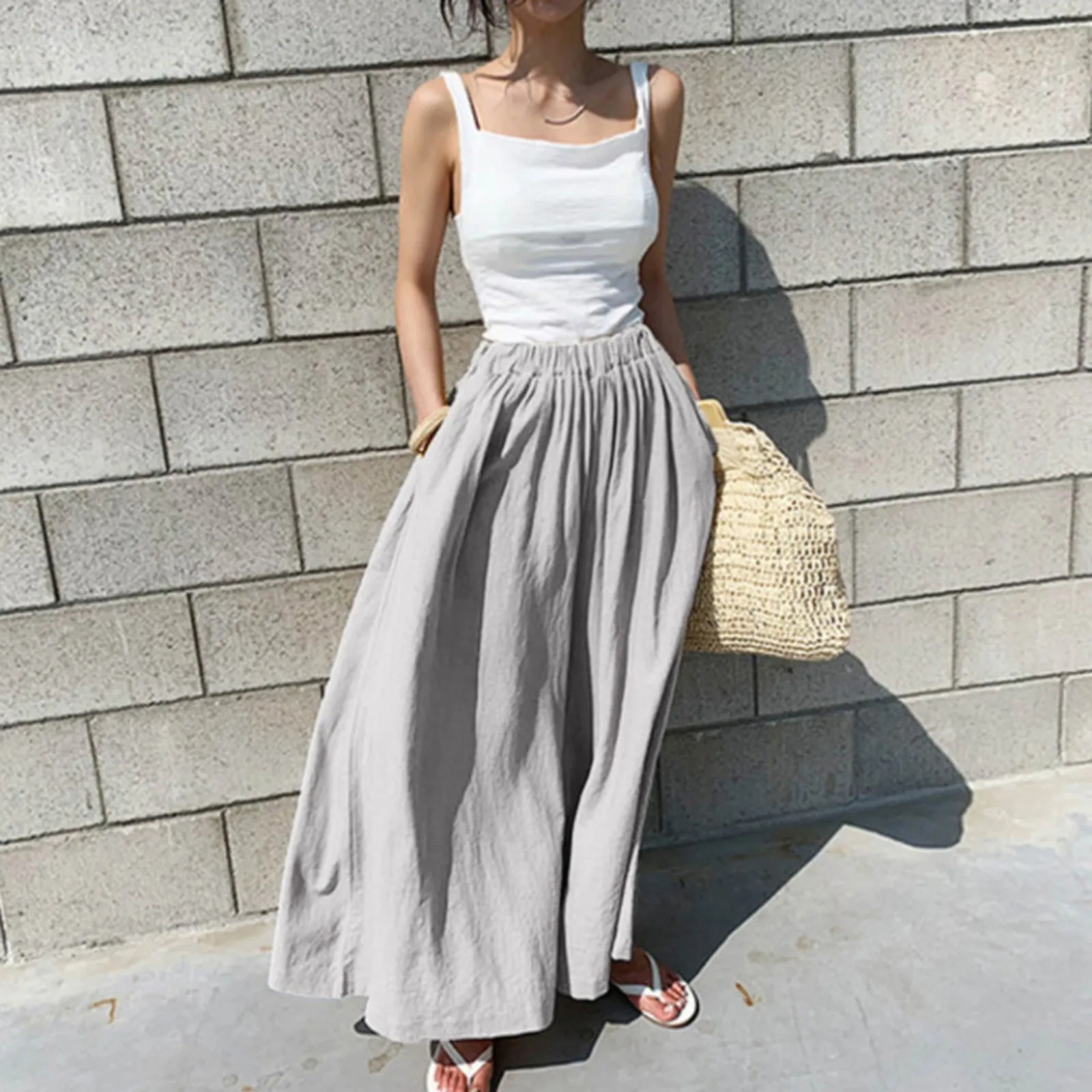 

Summer Womens Oversized Wide Leg Pants Elegant Beige Shrinkage Daily Loose Long Trousers Comfortable Breathable Casual Pant