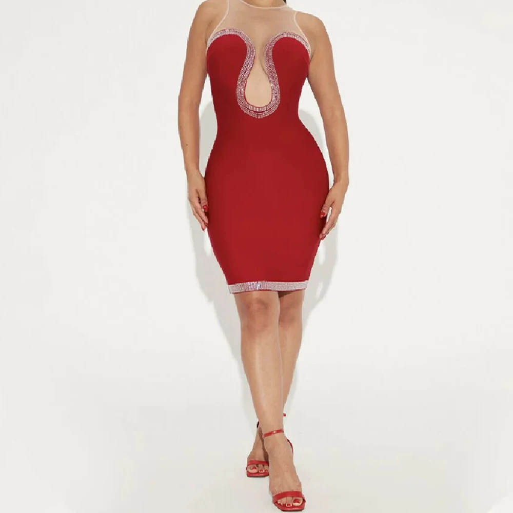 

European and American women's fashion hot diamond mesh round neck dress sexy hip skirt bandage skirt-GZXX1223