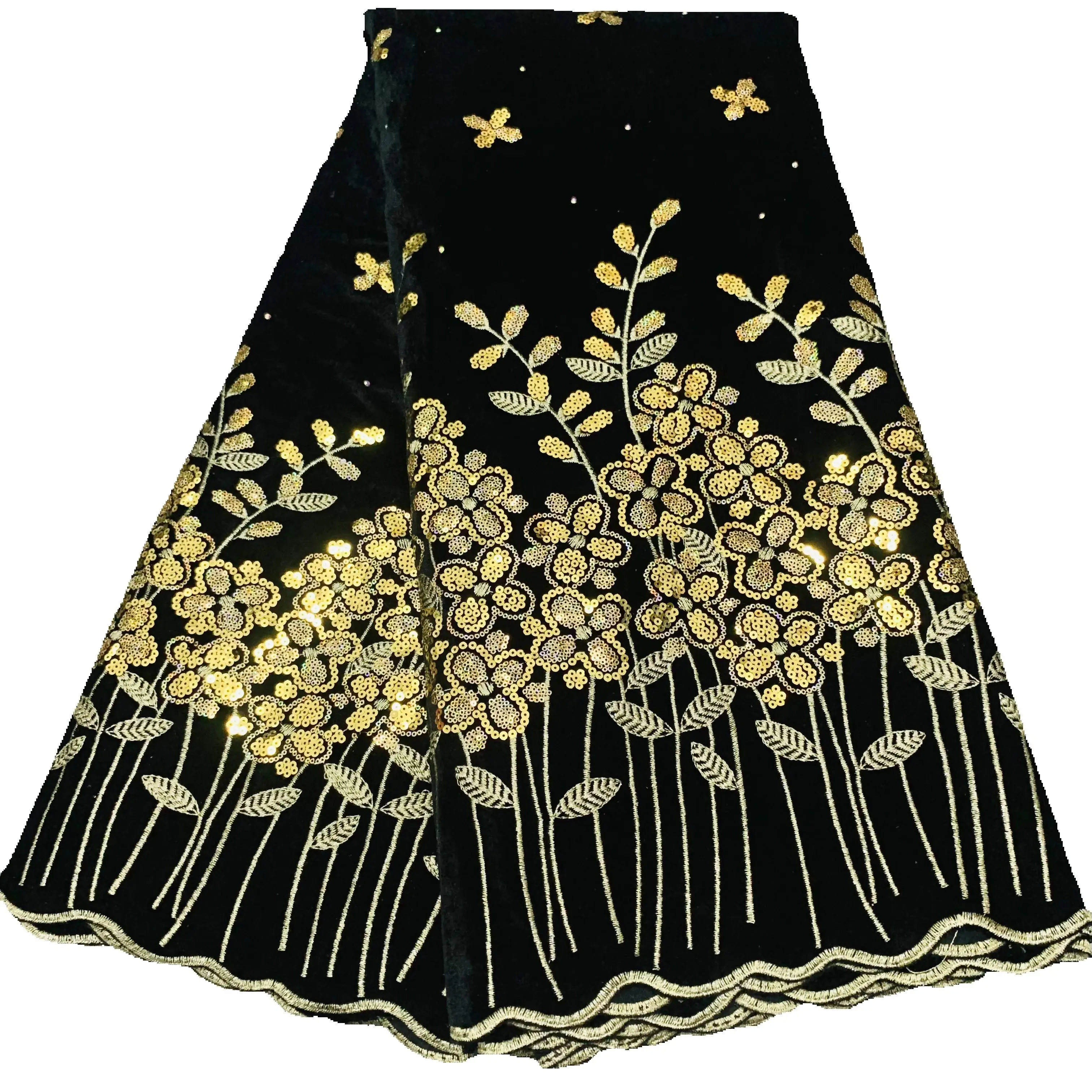 African French Velvet Lace Fabric 2023 Lace Yummy Black And Gold Nigerian Velvet Lace Fabric With Sequins Embroidered for dress