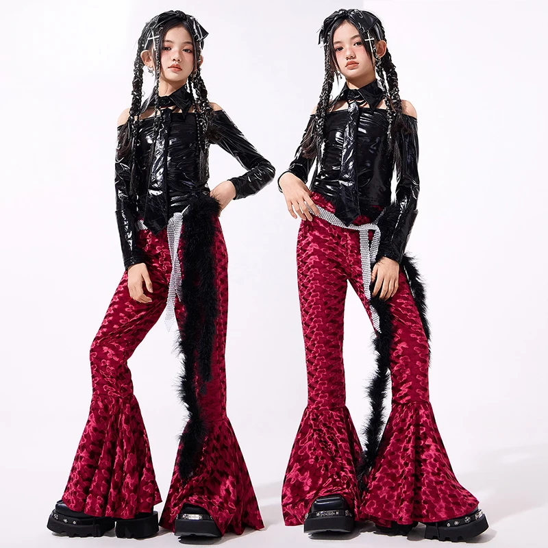 

Girls Jazz Dance Clothes Kpop Show Performance Wear Glossy Top Flared Pants Kid Model Runway Clothing Fashion Streetwear AMY3169