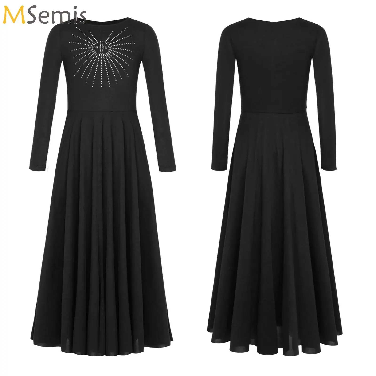 

Kids Girls Liturgical Worship Dance Dress Glittery Rhinestone Long Sleeve Maxi Dress for Lyrical Praise Church Choir Performance