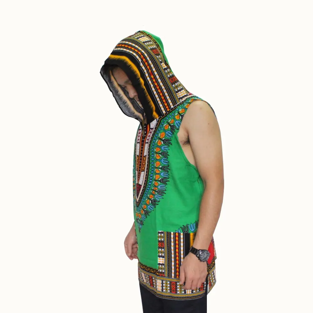 Sleeveless Dashiki Hoodies Loose African Hooded Dashiki Fabric 100% Cotton Unisex Kimono with Pocket Kaftan Hoody Tunic Tops