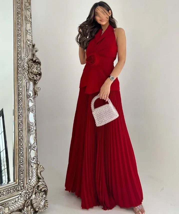 

Red Evening Dress Customized Elegant V Neck Sleeveless Floor Length Jersey Saudi Arab Prom Gown Formal Occasion Gown 2025