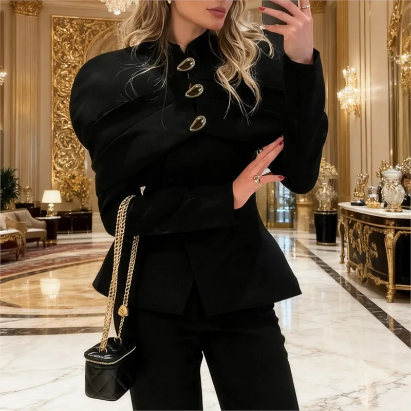 

Black Luxurious Coat For Women V Neck Long Sleeve Patchwork Buttons Tunic Cape Style Short Jacket Female Autumn New