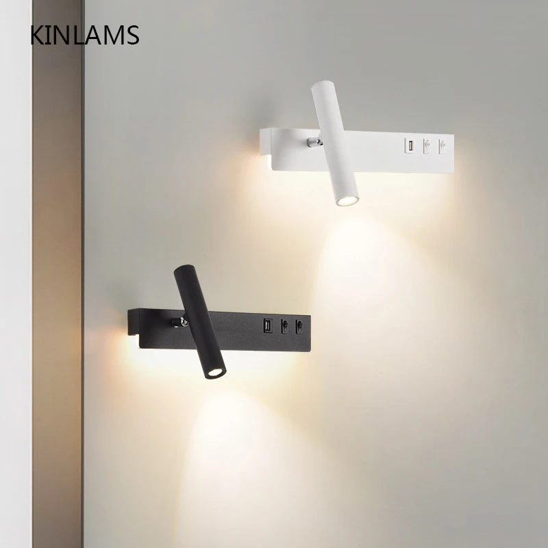 

USB Bedside Lamp Wall Lamp Bedroom Spotlight Creative Switch Reading Lamp Modern Hotel Living Room TV Wall Sconces Ambient Light
