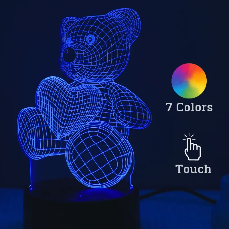 Romantic Love 7 Colors 3D Night Light Touch Bedside Lantern USB Wireless Desktop Acrylic LED Decorative Table Lamp with Remote