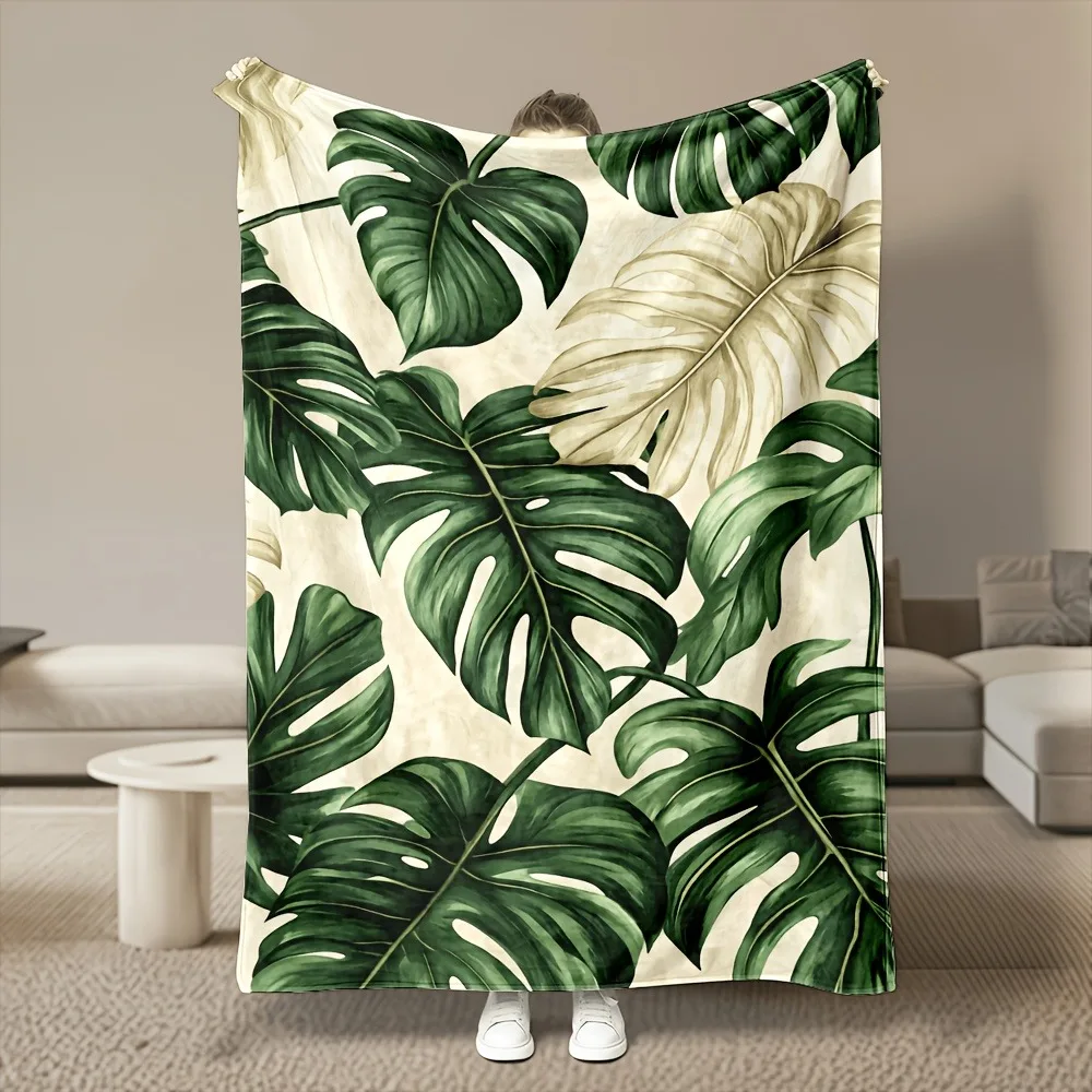 Fresh Watercolor Monstera Leaf Joyful Botanical Throw Blanket for Home Tropical Green Foliage Art Print Blanket Mat