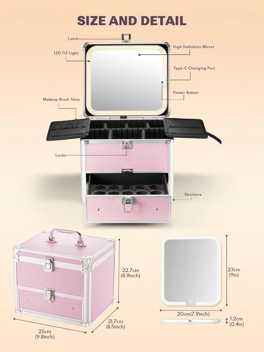 Makeup Box with Drawer and Detachable Lighted Mirror, Travel Train Case, Cosmetic Organizer with Adjustable Dividers, Magnetic LED Mirror view 3