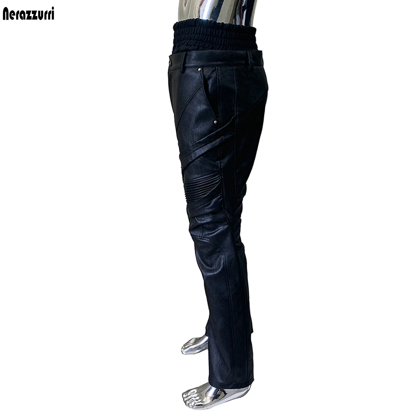 Nerazzurri Autumn Waterproof Black Long Double-waist Pu Leather Pencil Pants for Men Luxury Punk Style Emo Deconstructed Clothes