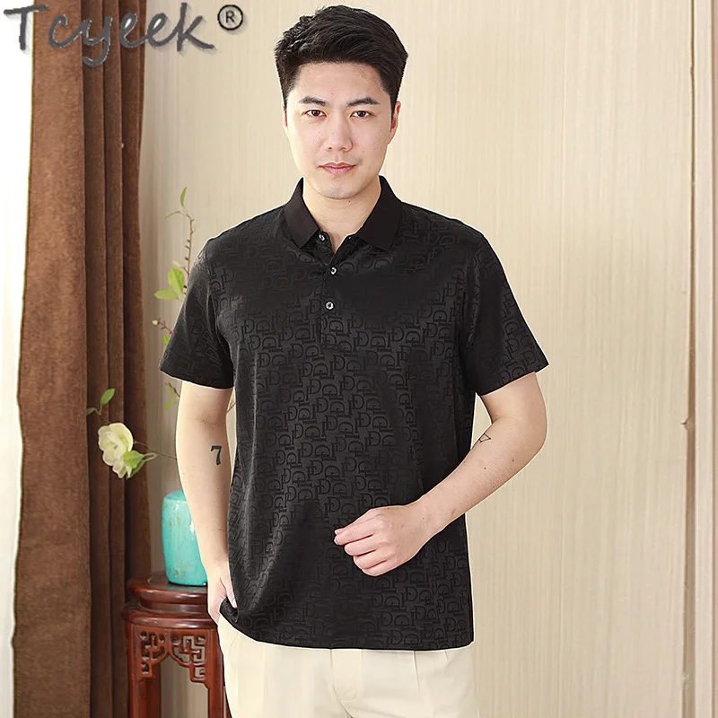 Tcyeek 92% Mulberry Silk T-shirt Fashion Mens T-shirts Men's Short Sleeve Tops Male Polo Shirt Summer Clothes 2024 Polo Homme