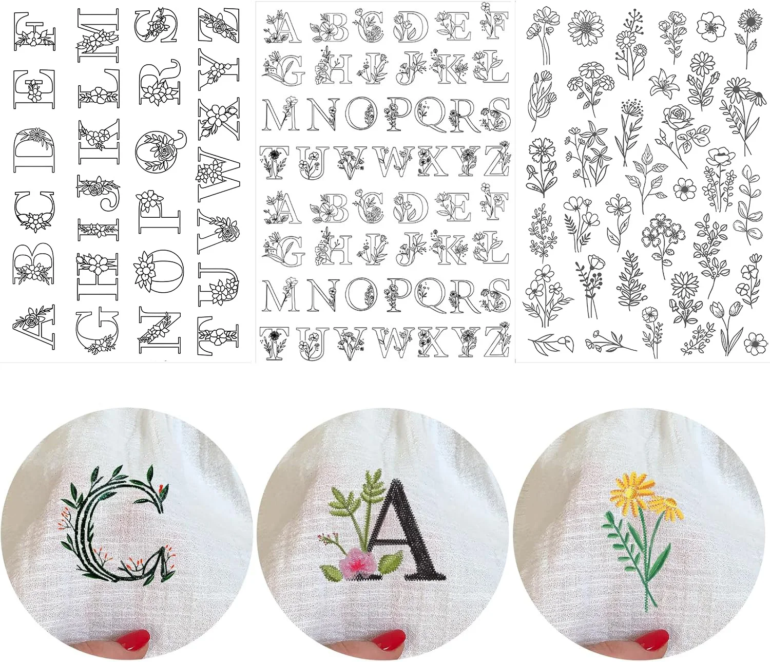 Water Soluble Embroidery Stabilizers, Stick and Stitch Embroidery Paper with Pre-Printed Flowers and Leaves Pattern Transfers