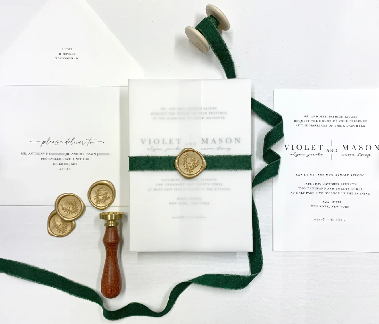 Custom Invitations with Vellum Wrap and Ribbon, Wedding Invitation Suite, Gold and Ivory