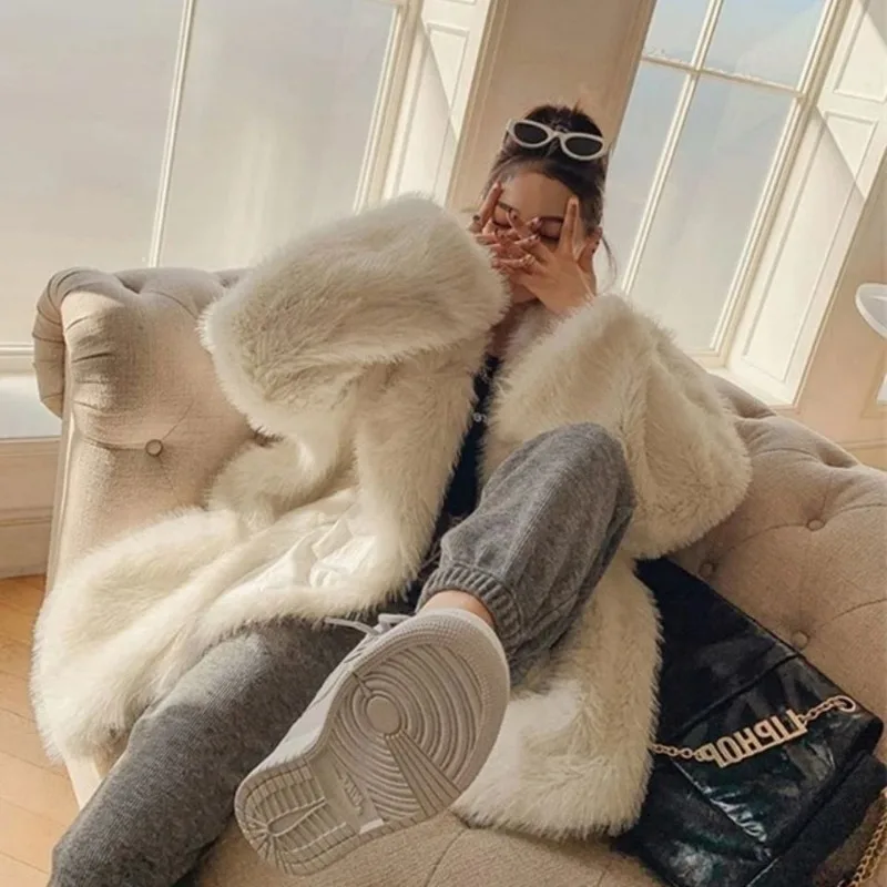 2023 Winter New Women Imitation Fox Fur Jacket Mid-Length Loose Suit Environmental Fur Outcoat Fashion Casual Pure Color Outwear