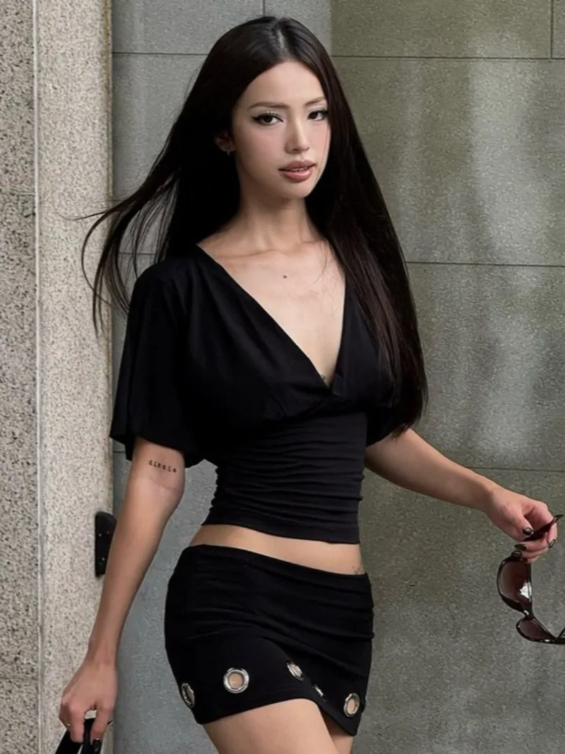 

FDYOUI женская одежда укороченные футболки с v-образным вырезом и половиной рукавов модные однотонные корсетные топы на шнуровке с открытой спиной Y2K уличная женская футболка